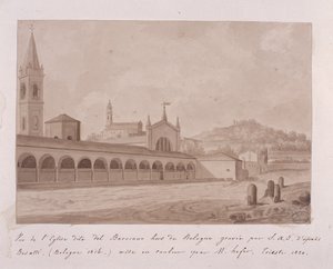 Utsikt över kyrkan Baracano, Bologna, efter Basatti, 1814 (gravyr förstärkt med wc på papper)